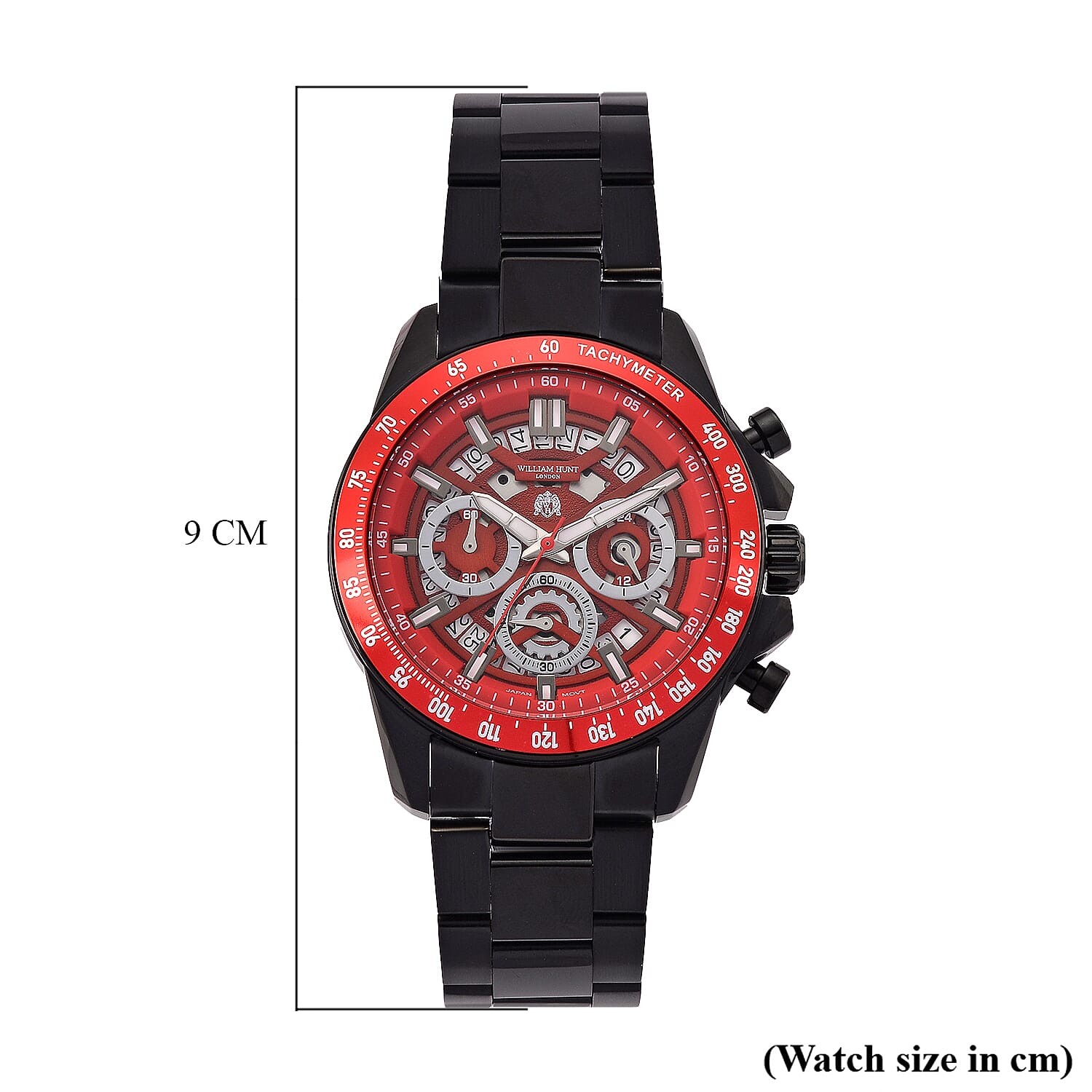 WILLIAM HUNT Seiko VD53 Japan Quartz 5ATM WR Red Dial & Black Case Mens Watch with Black Stainless Steel Strap