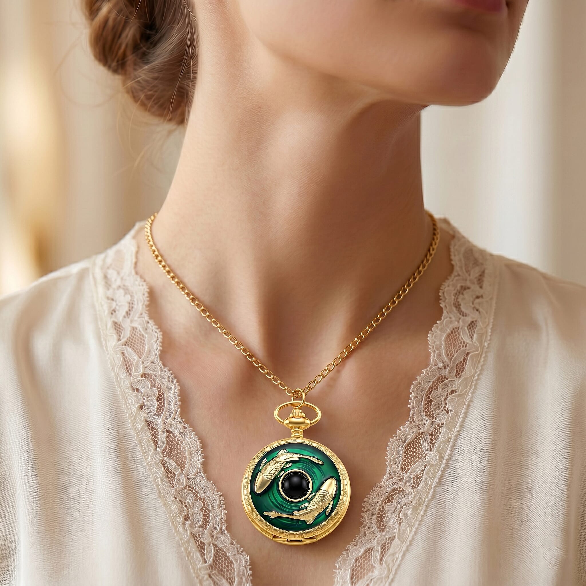 STRADA Limited Edition Green Enamelled Carp Pocket Watch With Japanese Movement, Water Resistancy & 31 Inch Curb Chain