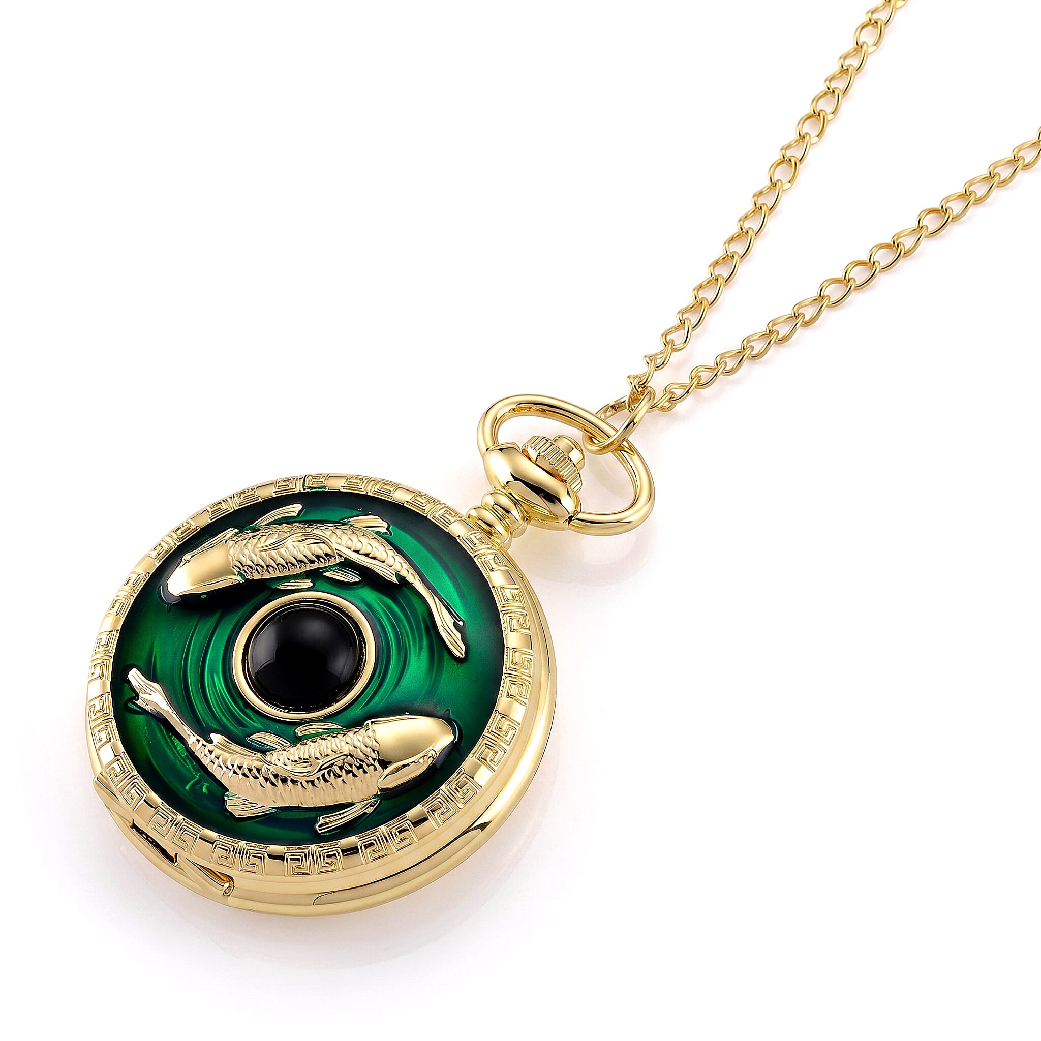 STRADA Limited Edition Green Enamelled Carp Pocket Watch With Japanese Movement, Water Resistancy & 31 Inch Curb Chain
