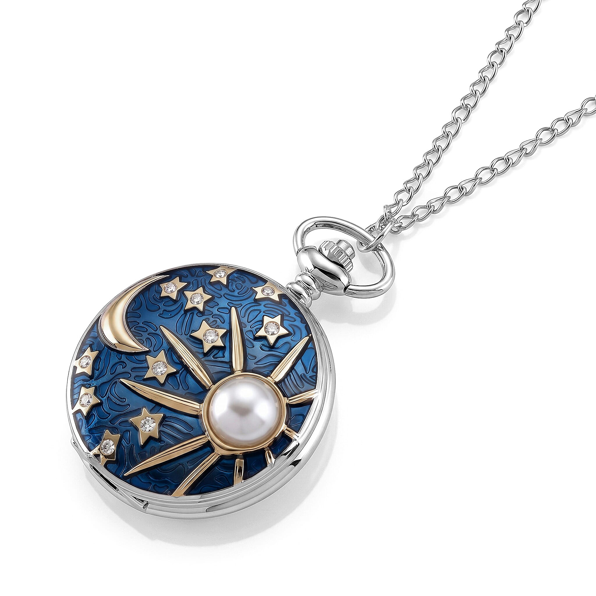 STRADA Limited Edition Moon & Star Pocket Watch With Japanese Movement, Water Resistancy & 31 Inch Curb Chain