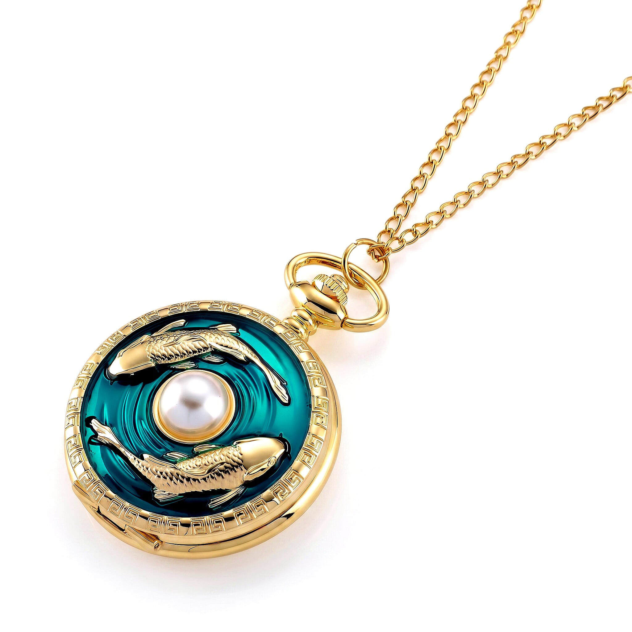 STRADA Limited Edition Blue Enamelled Carp Pocket Watch With Japanese Movement, Water Resistancy & 31 Inch Curb Chain