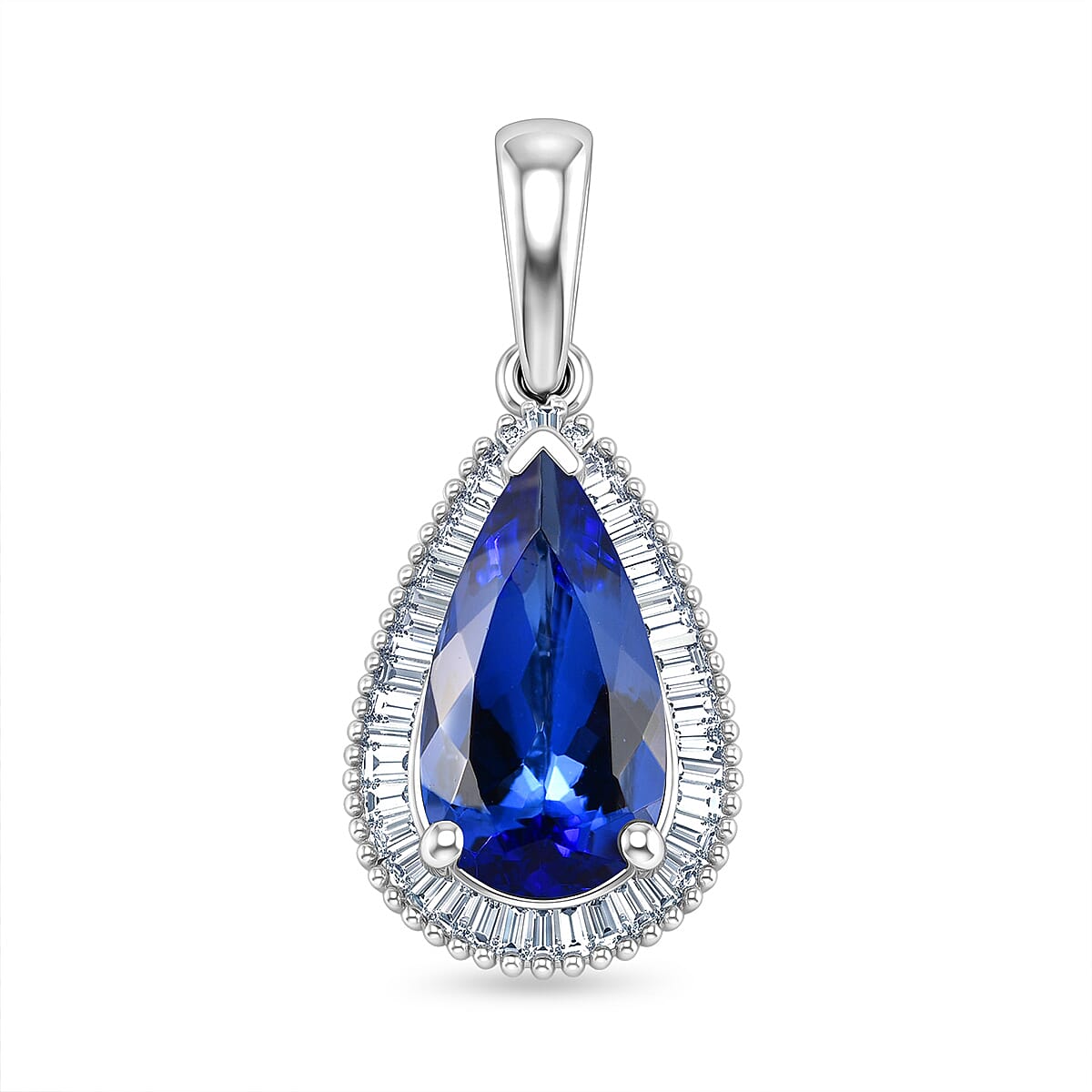 RHAPSODY - 950 Platinum AAAA Tanzanite & White Diamond (VS-E-F) Pear Cut Halo Pendant 3.90 Ct, Platinum Wt.3.25 Gms