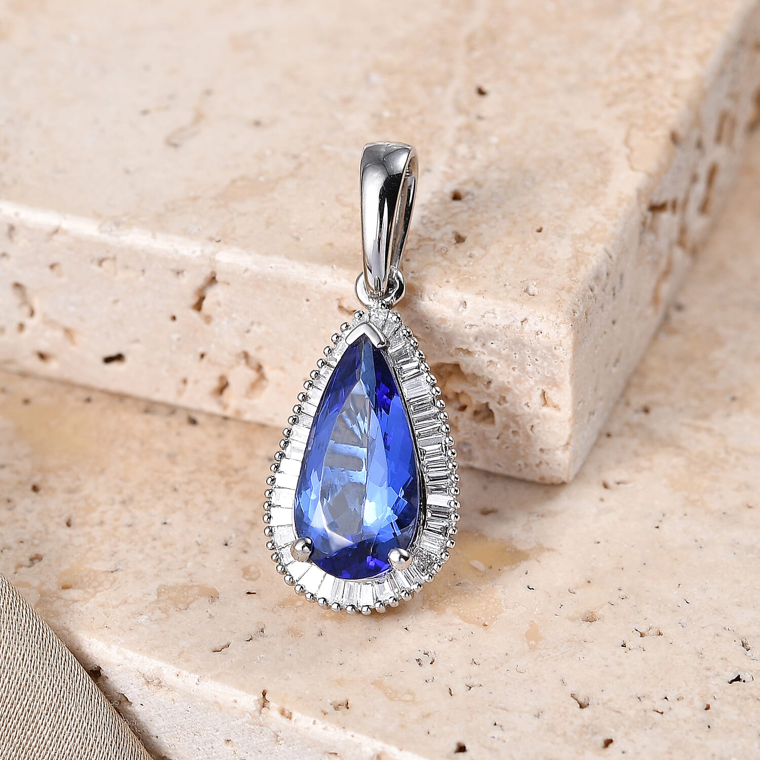RHAPSODY - 950 Platinum AAAA Tanzanite & White Diamond (VS-E-F) Pear Cut Halo Pendant 3.90 Ct, Platinum Wt.3.25 Gms