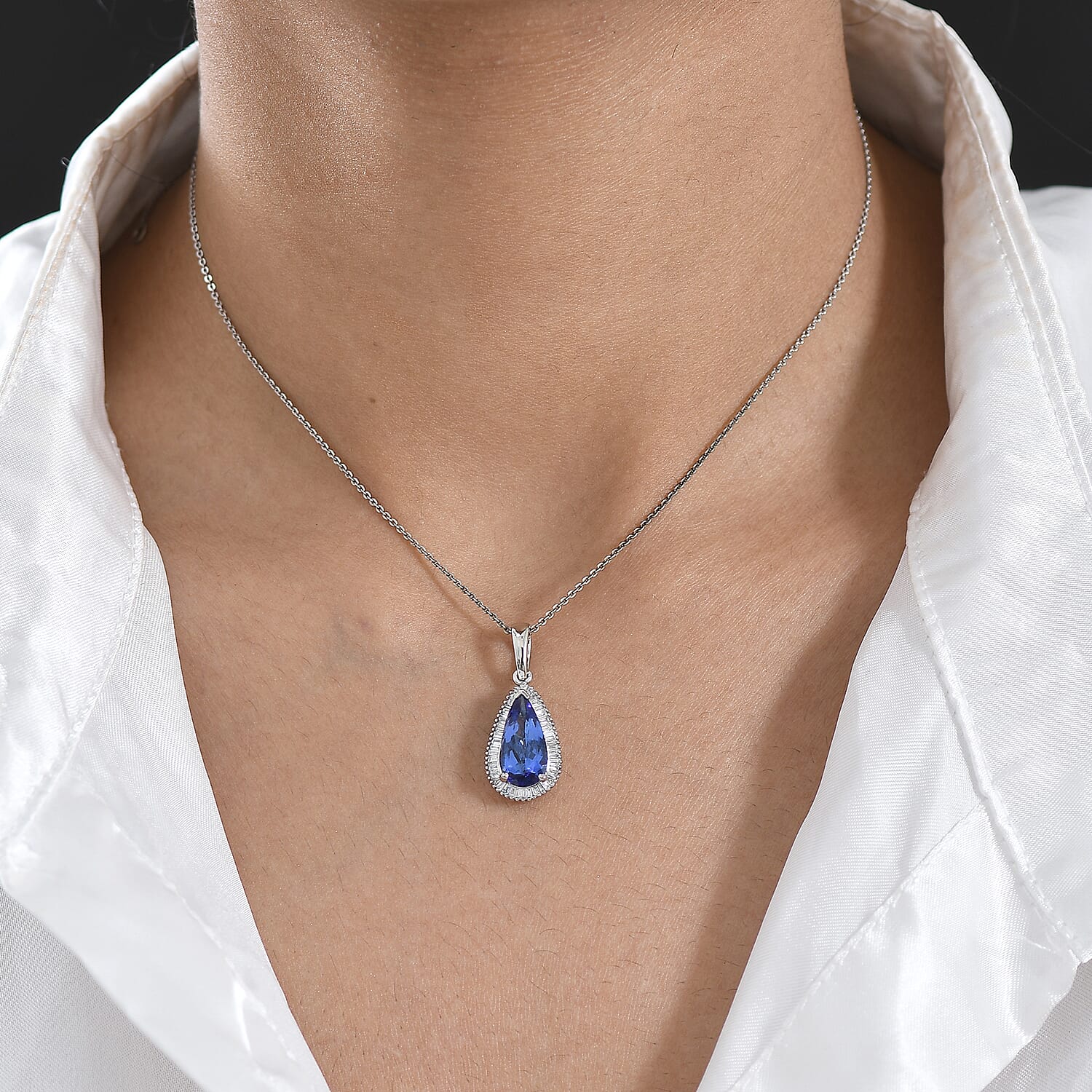 RHAPSODY - 950 Platinum AAAA Tanzanite & White Diamond (VS-E-F) Pear Cut Halo Pendant 3.90 Ct, Platinum Wt.3.25 Gms