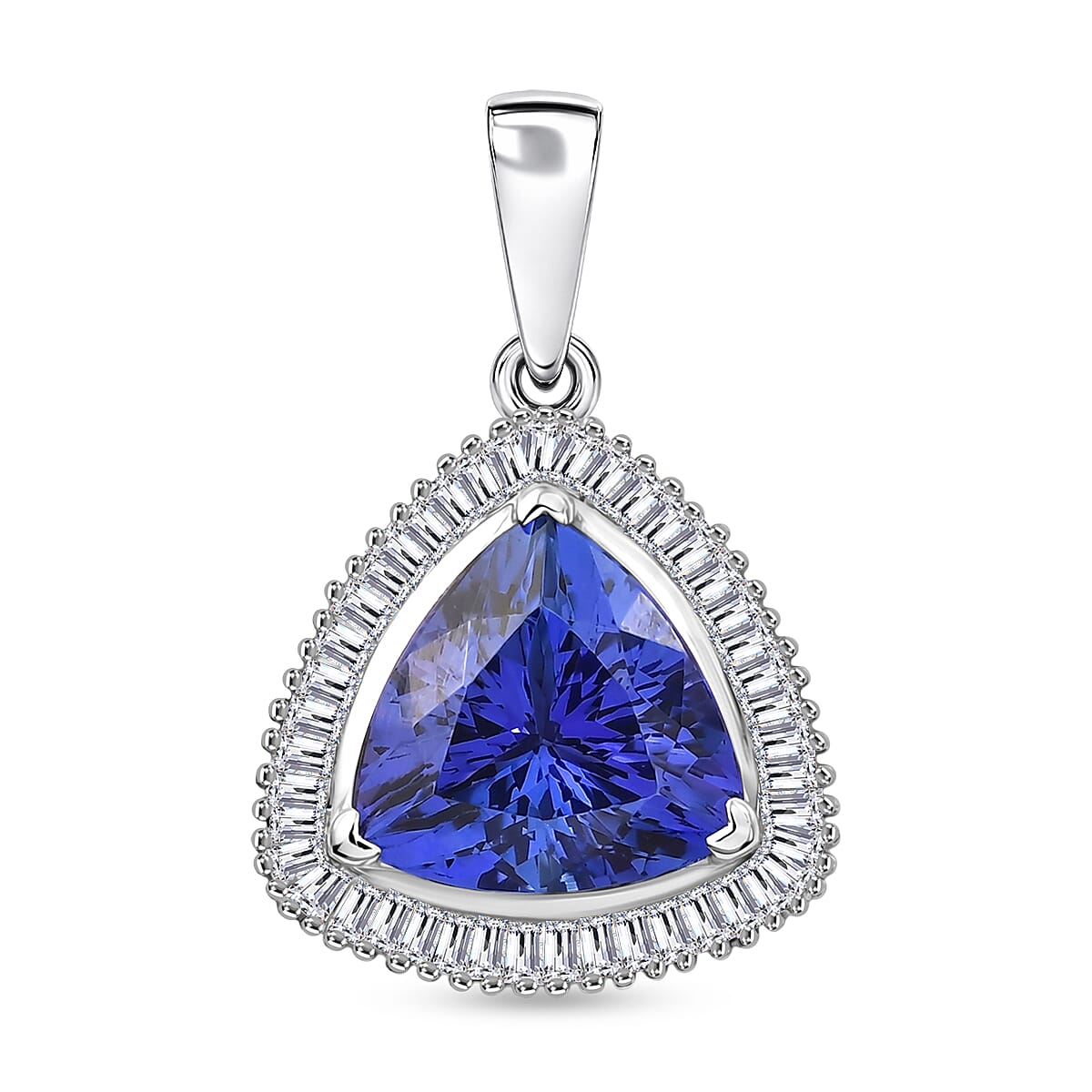 Rhapsody - 950 Platinum AAAA Tanzanite & White Diamond (VS-E-F) Trillion Cut Halo Pendant 4.04 Ct, Platinum Wt. 4.05 Gms