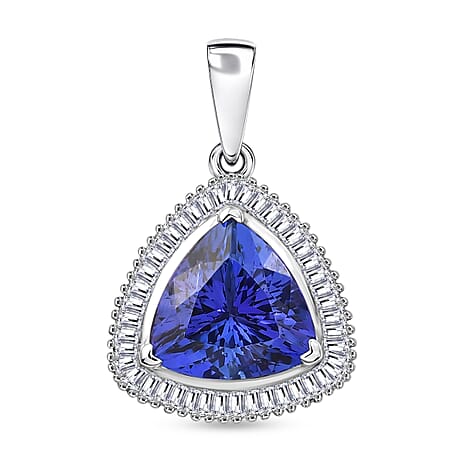 Rhapsody - 950 Platinum AAAA Tanzanite & White Diamond (VS-E-F) Trillion Cut Halo Pendant 4.04 Ct, Platinum Wt. 4.05 Gms