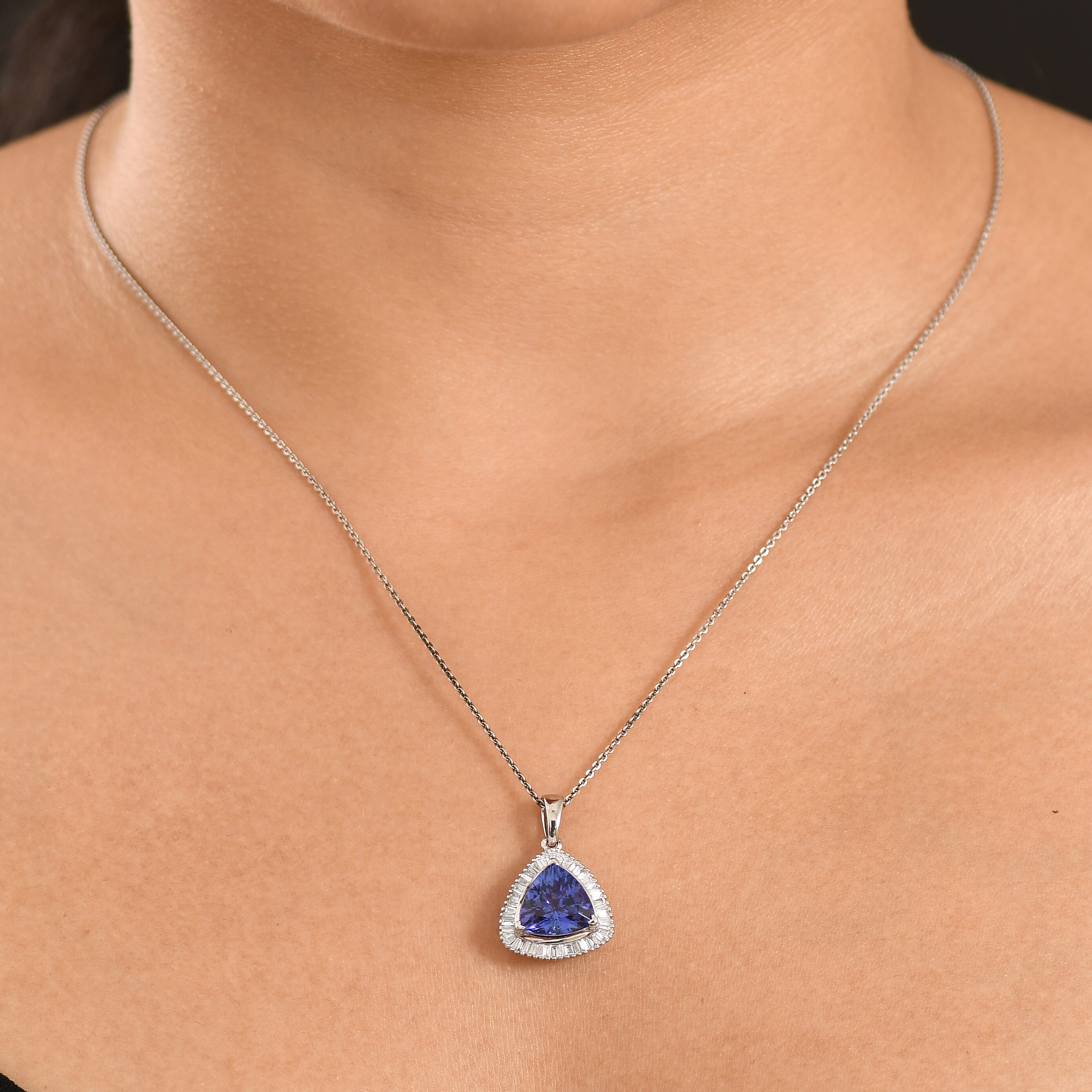 Rhapsody - 950 Platinum AAAA Tanzanite & White Diamond (VS-E-F) Trillion Cut Halo Pendant 4.04 Ct, Platinum Wt. 4.05 Gms