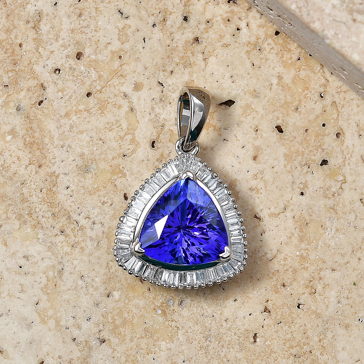 Rhapsody - 950 Platinum AAAA Tanzanite & White Diamond (VS-E-F) Trillion Cut Halo Pendant 4.04 Ct, Platinum Wt. 4.05 Gms