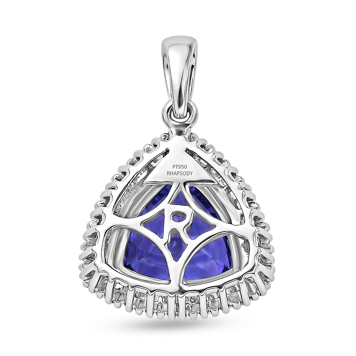 Rhapsody - 950 Platinum AAAA Tanzanite & White Diamond (VS-E-F) Trillion Cut Halo Pendant 4.04 Ct, Platinum Wt. 4.05 Gms
