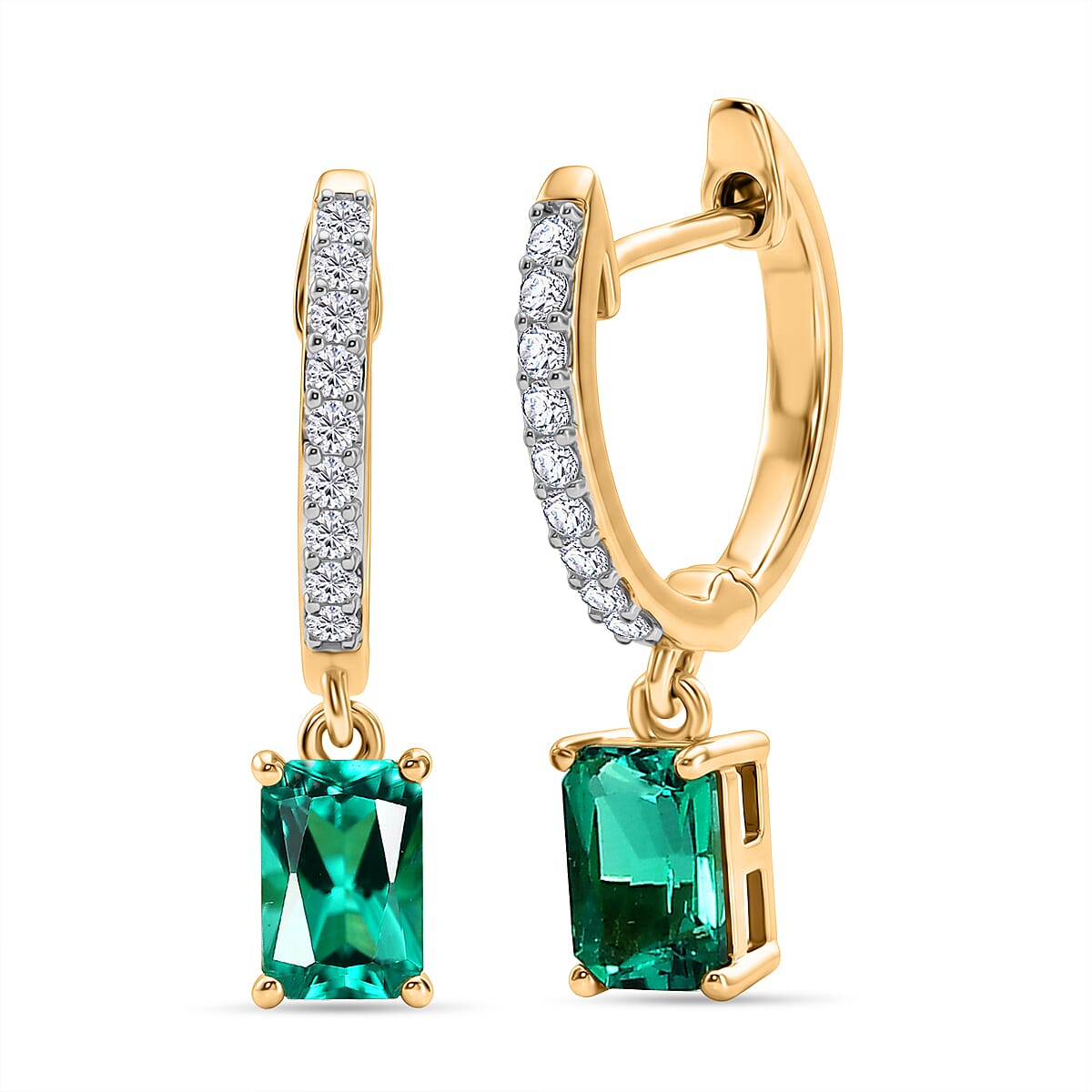 Luxuriant - AAA Lab Grown Columbian Emerald & Lab Grown Diamond (SI-G-H) Hoop Earring in 18K Vermeil Yellow Gold Plated Sterling Silver 1.20 Ct.