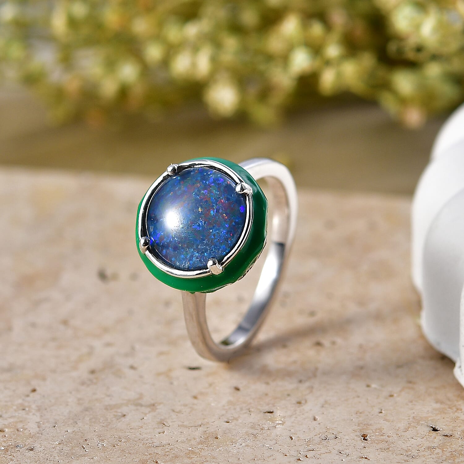 D'Joy - Boulder Opal Triplet & White Zircon Solitaire Ring in Rhodium Overlay Sterling Silver 2.43 Ct.