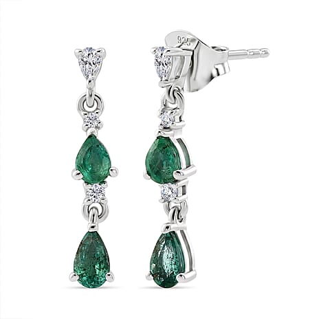 D'Joy - AAA Gemfields Zambian Emerald & White Zircon Dangling Earring with Push Post in Rhodium Overlay Sterling Silver 1.00 Ct.