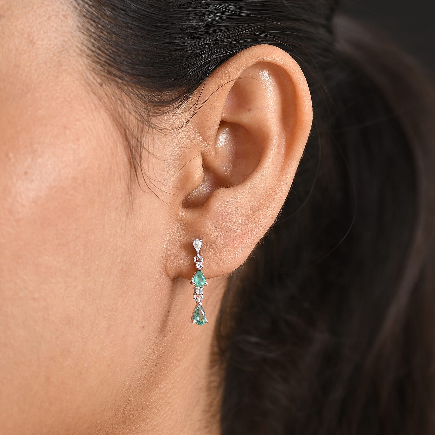 D'Joy - AAA Gemfields Zambian Emerald & White Zircon Dangling Earring with Push Post in Rhodium Overlay Sterling Silver 1.00 Ct.