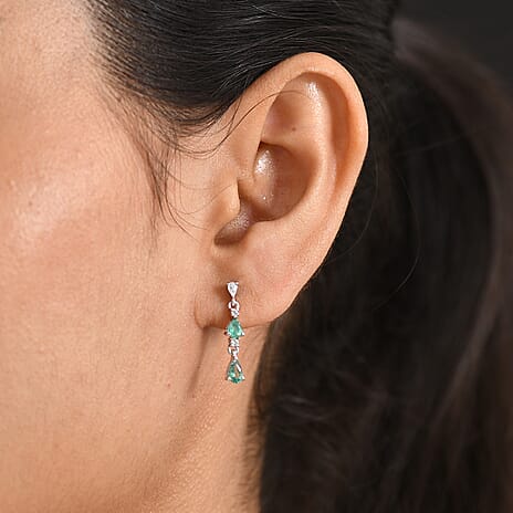 D'Joy - AAA Gemfields Zambian Emerald & White Zircon Dangling Earring with Push Post in Rhodium Overlay Sterling Silver 1.00 Ct.