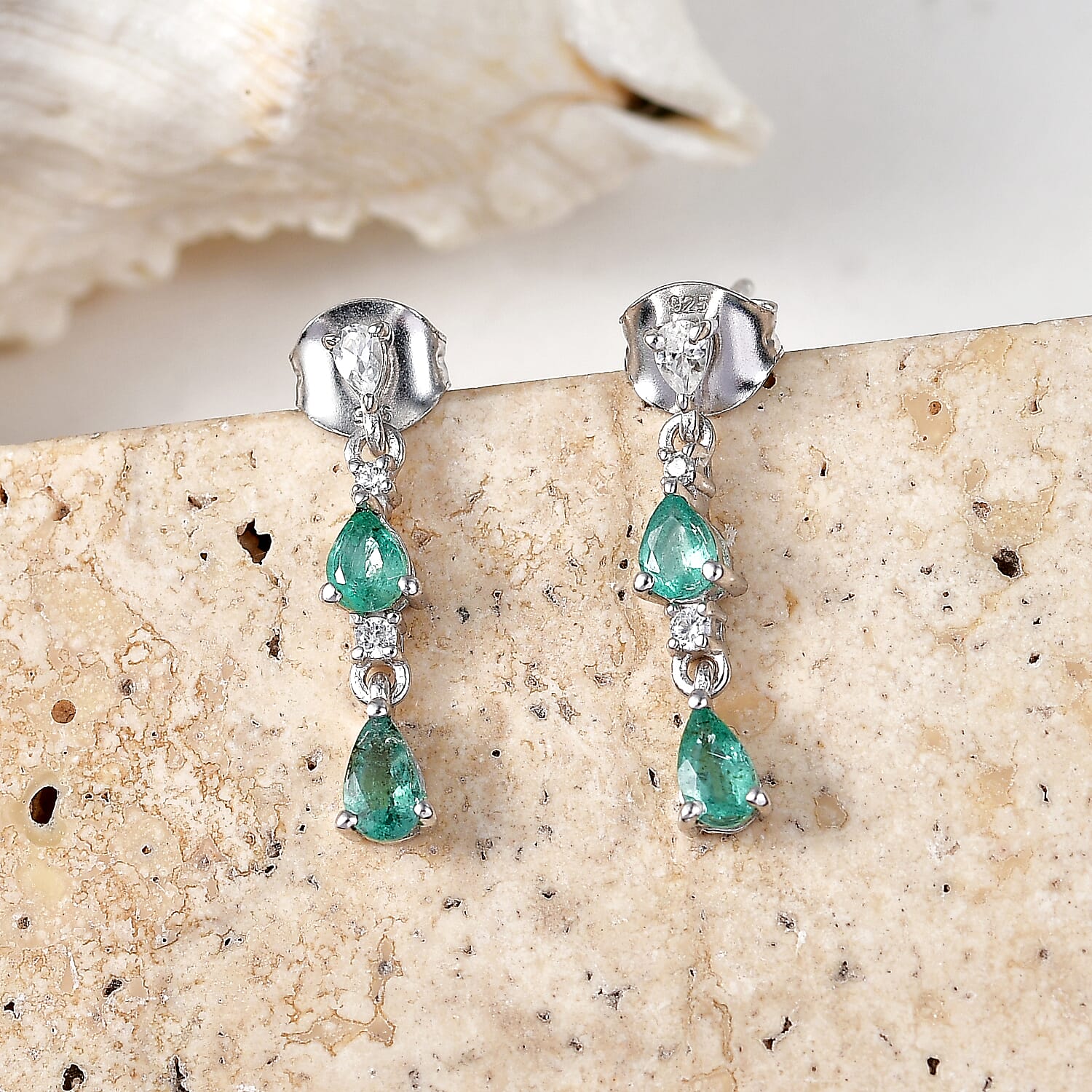 D'Joy - AAA Gemfields Zambian Emerald & White Zircon Dangling Earring with Push Post in Rhodium Overlay Sterling Silver 1.00 Ct.