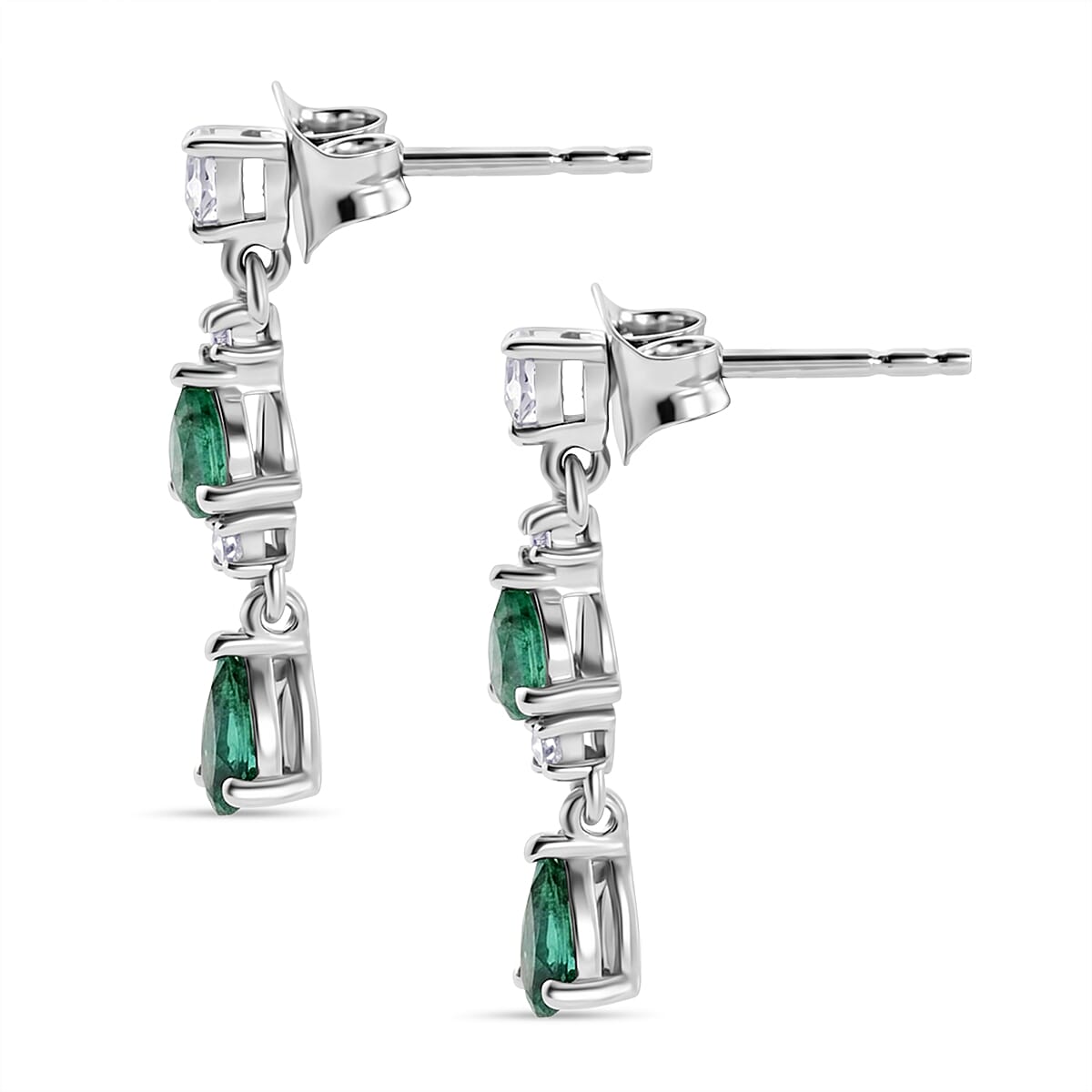 D'Joy - AAA Gemfields Zambian Emerald & White Zircon Dangling Earring with Push Post in Rhodium Overlay Sterling Silver 1.00 Ct.