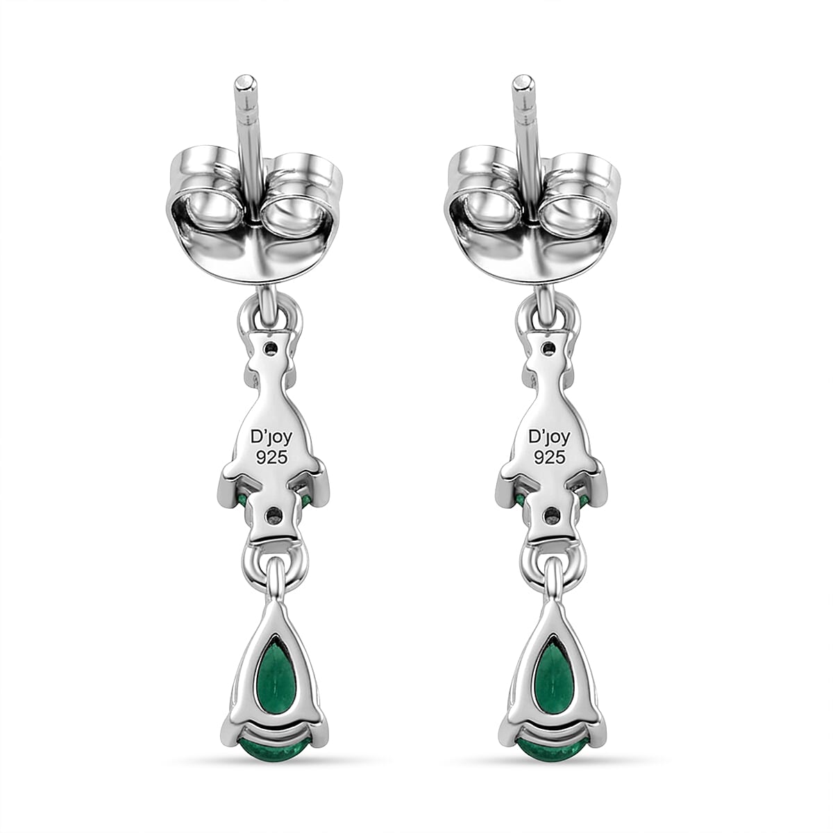 D'Joy - AAA Gemfields Zambian Emerald & White Zircon Dangling Earring with Push Post in Rhodium Overlay Sterling Silver 1.00 Ct.