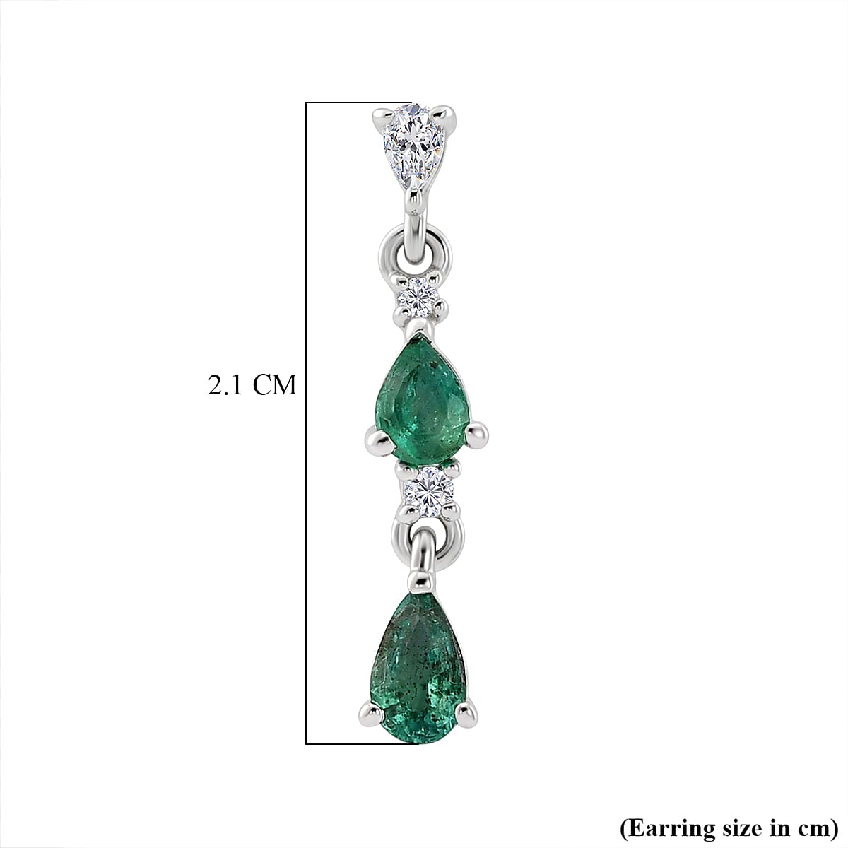 D'Joy - AAA Gemfields Zambian Emerald & White Zircon Dangling Earring with Push Post in Rhodium Overlay Sterling Silver 1.00 Ct.