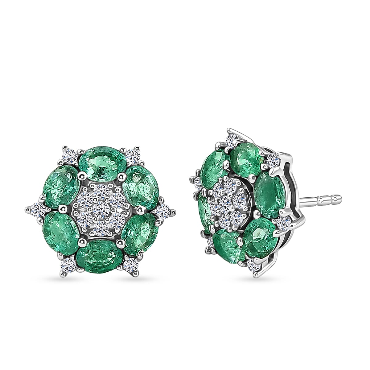 Luxuriant - AAA Zambian Emerald & Lab Grown Diamond (SI-G-H) Cluster Earring with Push Post in Rhodium Overlay Sterling Silver 2.10 Ct.