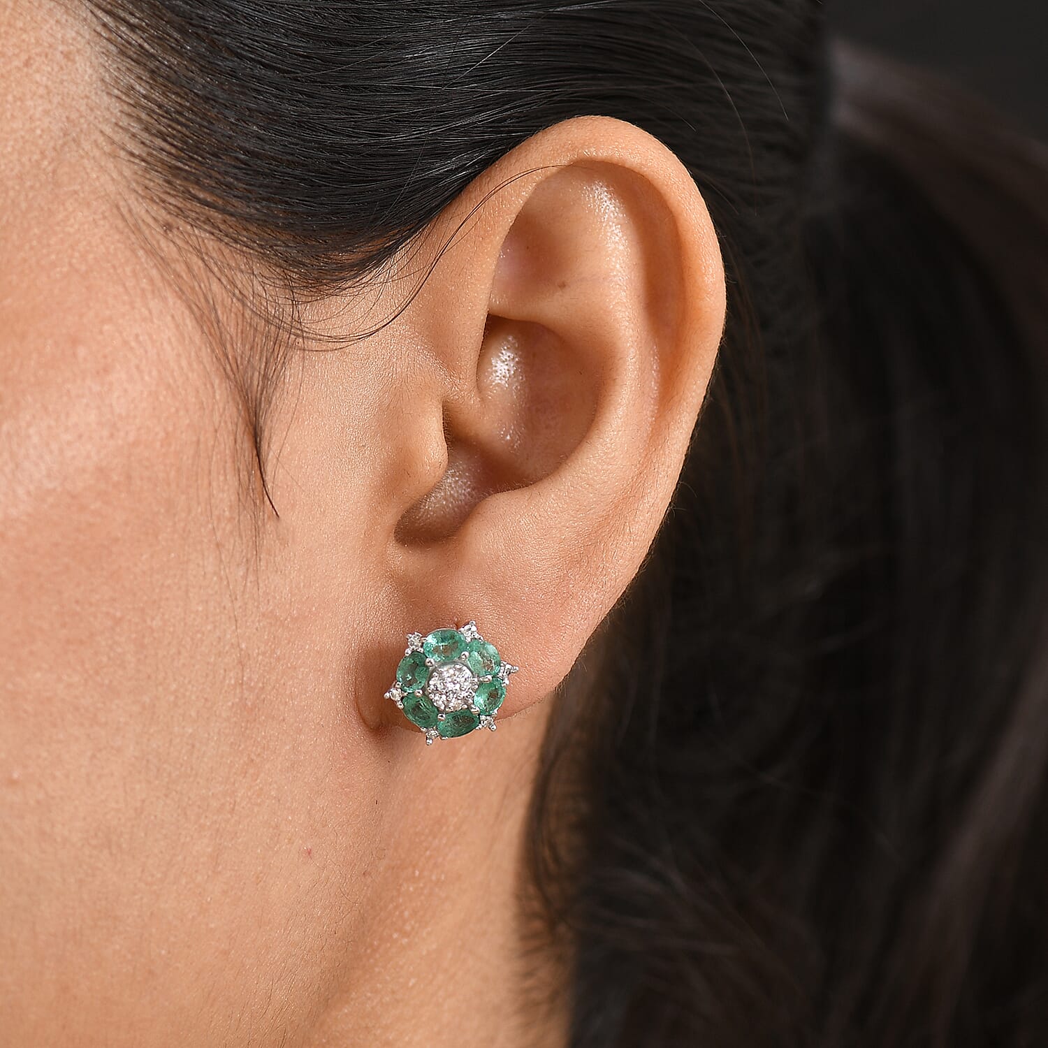 Luxuriant - AAA Zambian Emerald & Lab Grown Diamond (SI-G-H) Cluster Earring with Push Post in Rhodium Overlay Sterling Silver 2.10 Ct.