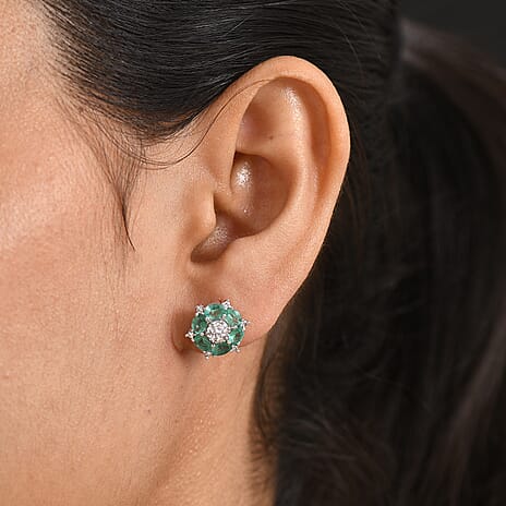 Luxuriant - AAA Zambian Emerald & Lab Grown Diamond (SI-G-H) Cluster Earring with Push Post in Rhodium Overlay Sterling Silver 2.10 Ct.