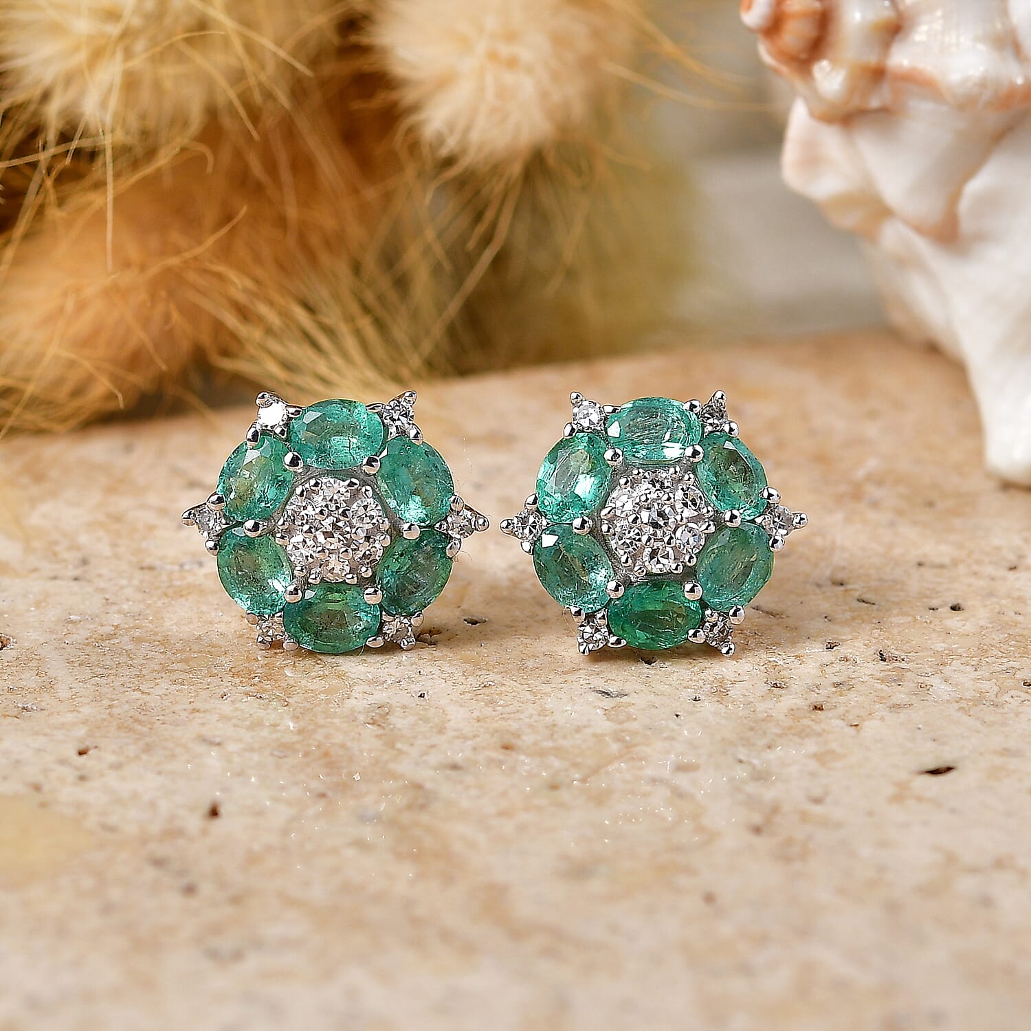 Luxuriant - AAA Zambian Emerald & Lab Grown Diamond (SI-G-H) Cluster Earring with Push Post in Rhodium Overlay Sterling Silver 2.10 Ct.