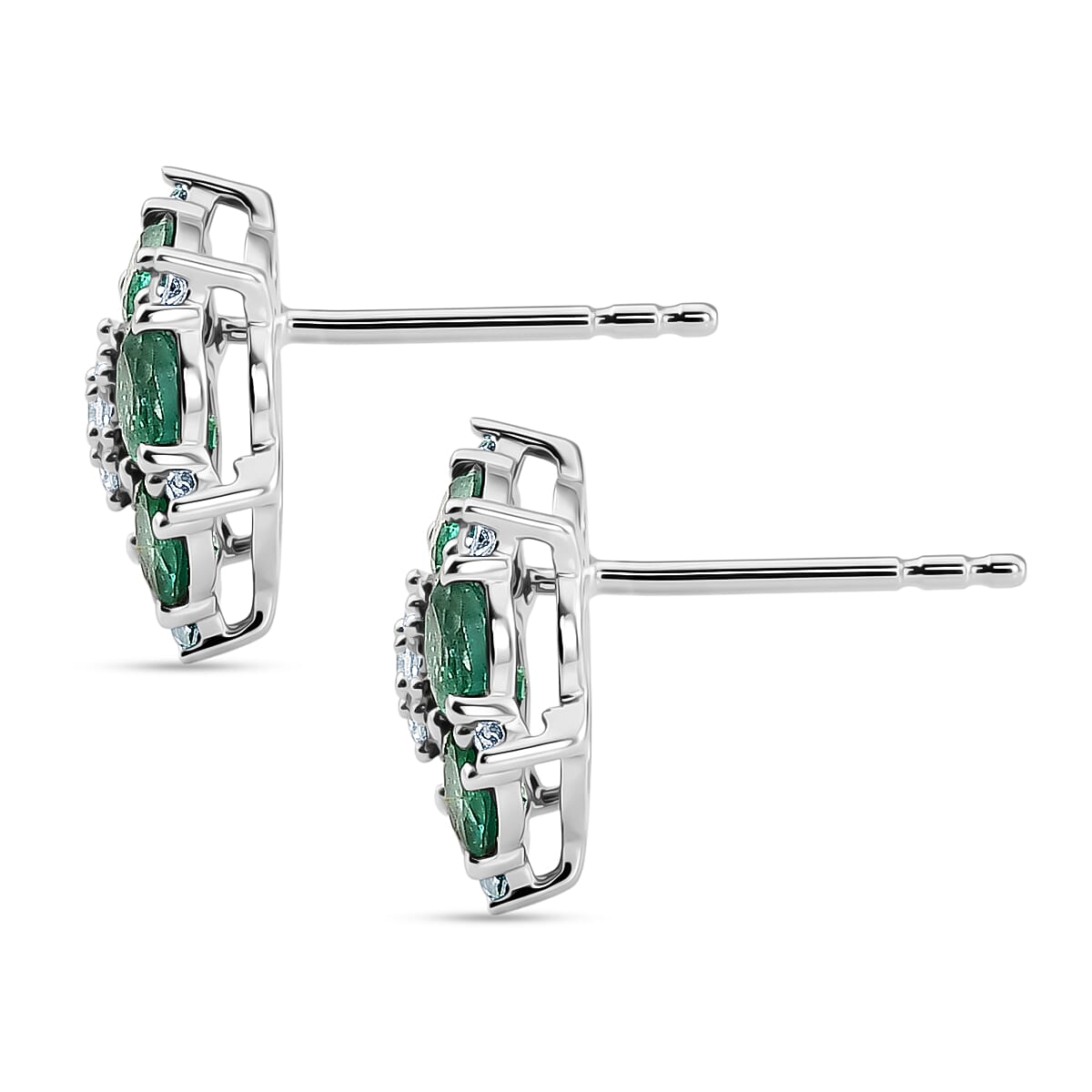 Luxuriant - AAA Zambian Emerald & Lab Grown Diamond (SI-G-H) Cluster Earring with Push Post in Rhodium Overlay Sterling Silver 2.10 Ct.