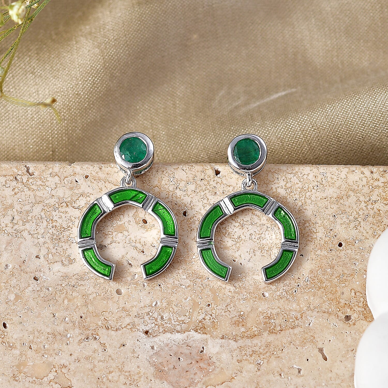 D'Joy - AAA Gemfields Zambian Emerald Dangling Earring with Push Post in Rhodium Overlay Sterling Silver 0.50 Ct.