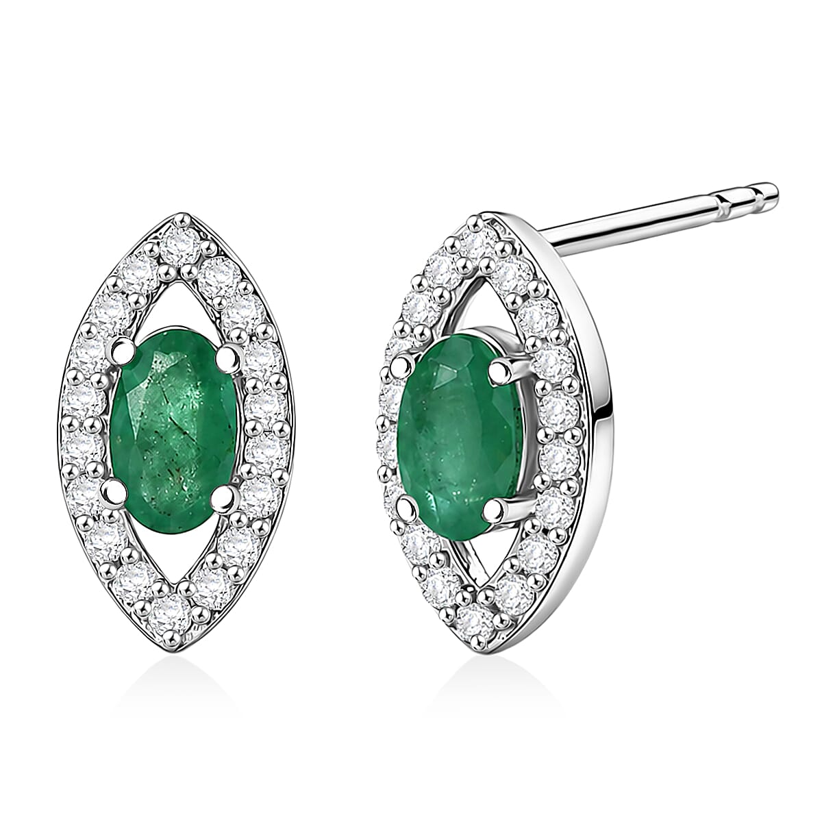 D'Joy - Zambian Emerald & White Zircon Stud Push Post Earring in Rhodium Overlay Sterling Silver