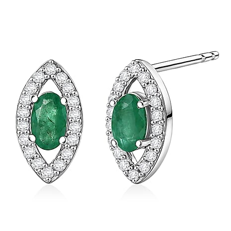 D'Joy - Zambian Emerald & White Zircon Stud Push Post Earring in Rhodium Overlay Sterling Silver