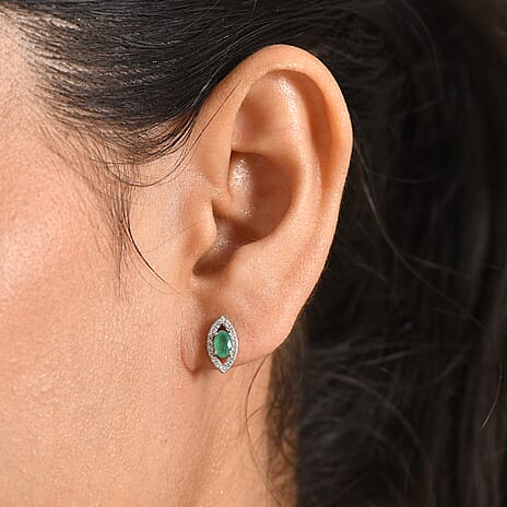 D'Joy - Zambian Emerald & White Zircon Stud Push Post Earring in Rhodium Overlay Sterling Silver