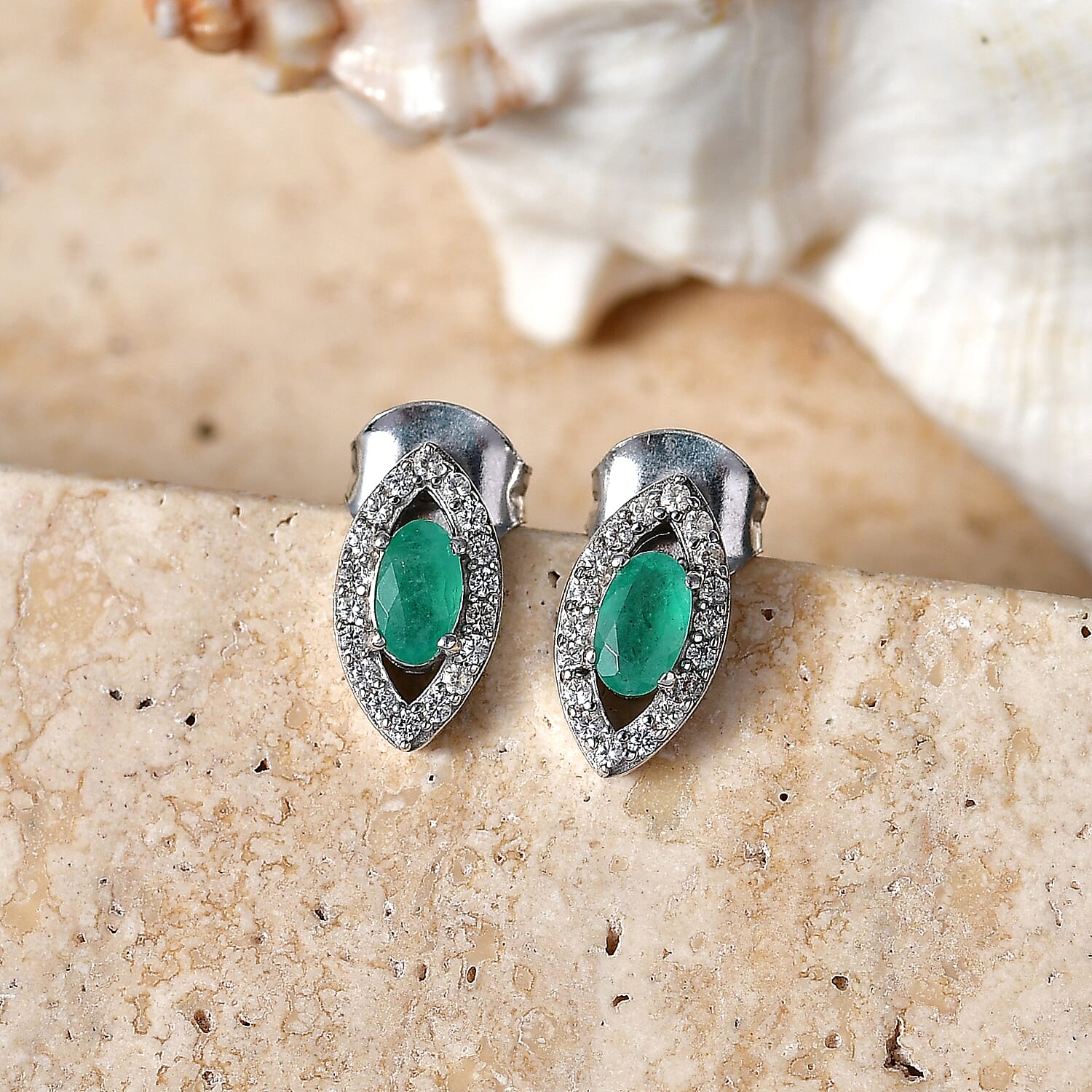 D'Joy - Zambian Emerald & White Zircon Stud Push Post Earring in Rhodium Overlay Sterling Silver