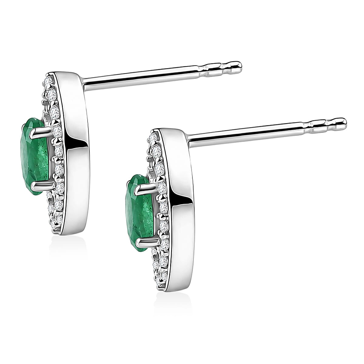 D'Joy - Zambian Emerald & White Zircon Stud Push Post Earring in Rhodium Overlay Sterling Silver