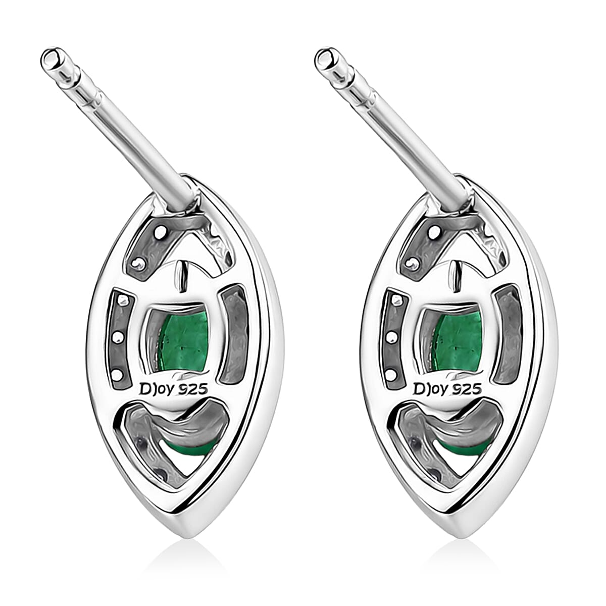 D'Joy - Zambian Emerald & White Zircon Stud Push Post Earring in Rhodium Overlay Sterling Silver
