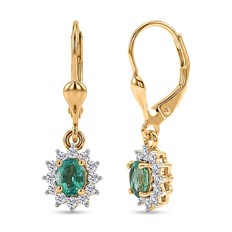 D'Joy - AAA Zambian Emerald & White Zircon Solitaire Earring with Lever Back in 18K Vermeil Yellow Gold Plated Sterling Silver 1.00 Ct.