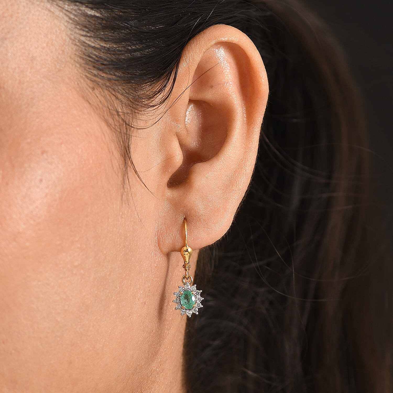 D'Joy - AAA Zambian Emerald & White Zircon Solitaire Earring with Lever Back in 18K Vermeil Yellow Gold Plated Sterling Silver 1.00 Ct.