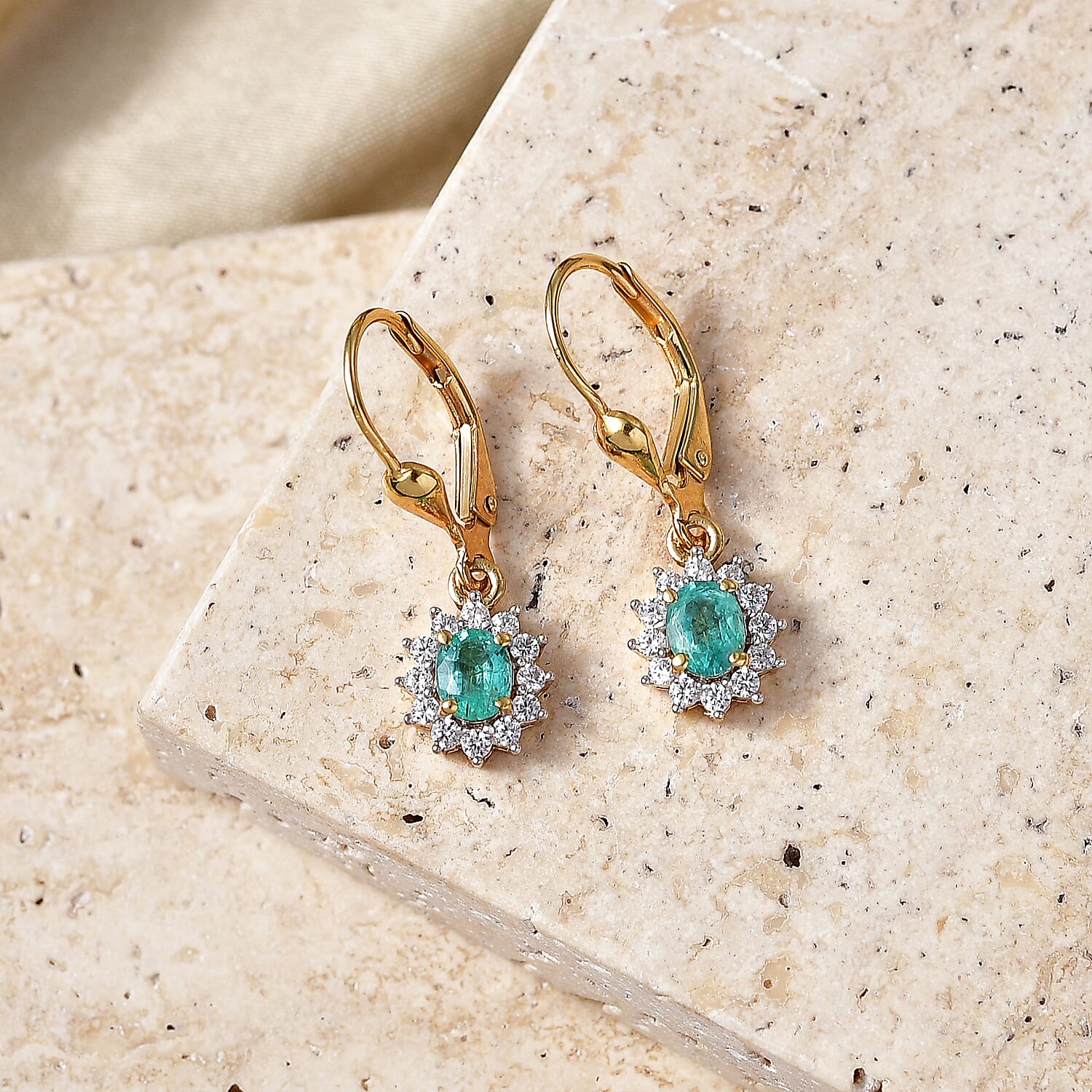 D'Joy - AAA Zambian Emerald & White Zircon Solitaire Earring with Lever Back in 18K Vermeil Yellow Gold Plated Sterling Silver 1.00 Ct.