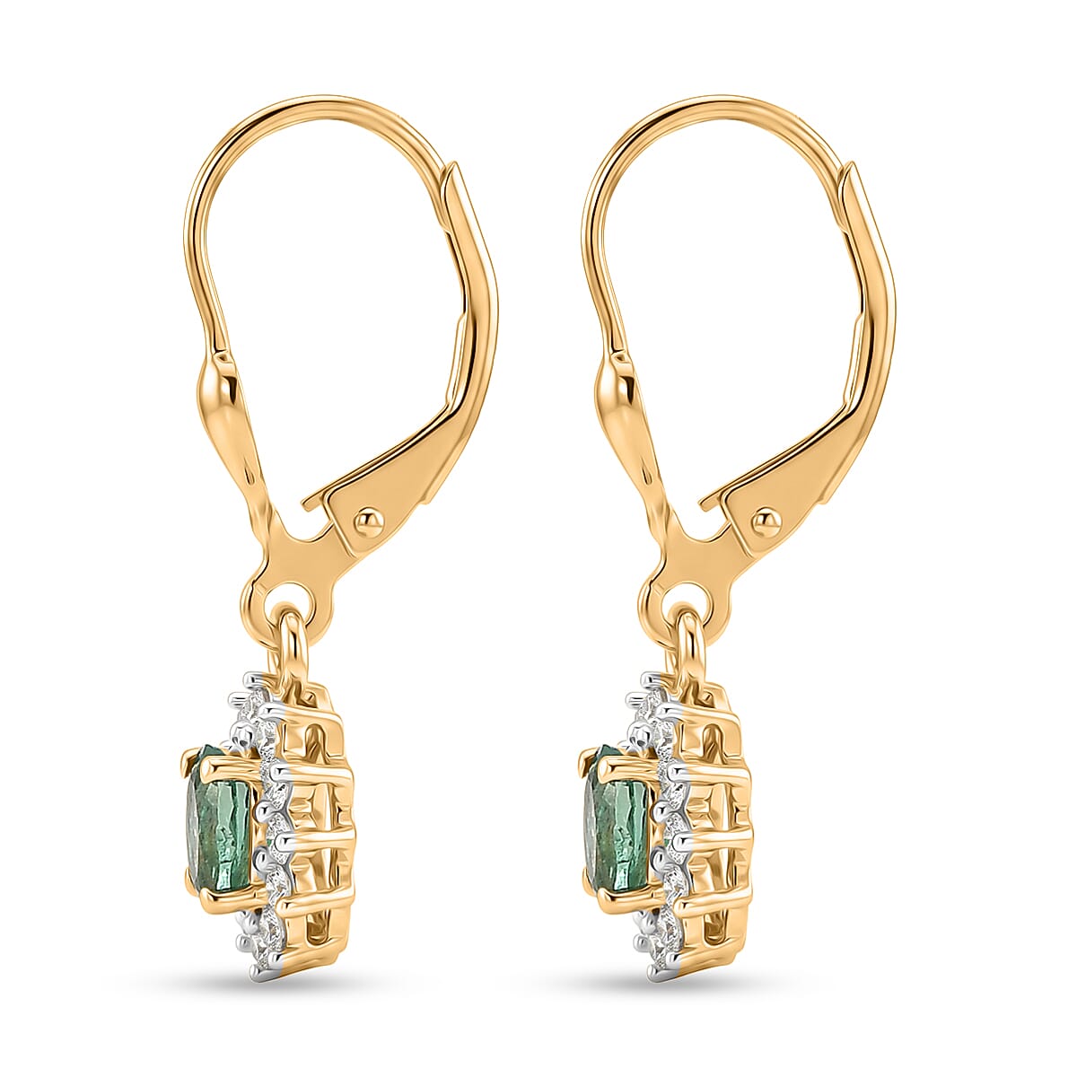 D'Joy - AAA Zambian Emerald & White Zircon Solitaire Earring with Lever Back in 18K Vermeil Yellow Gold Plated Sterling Silver 1.00 Ct.
