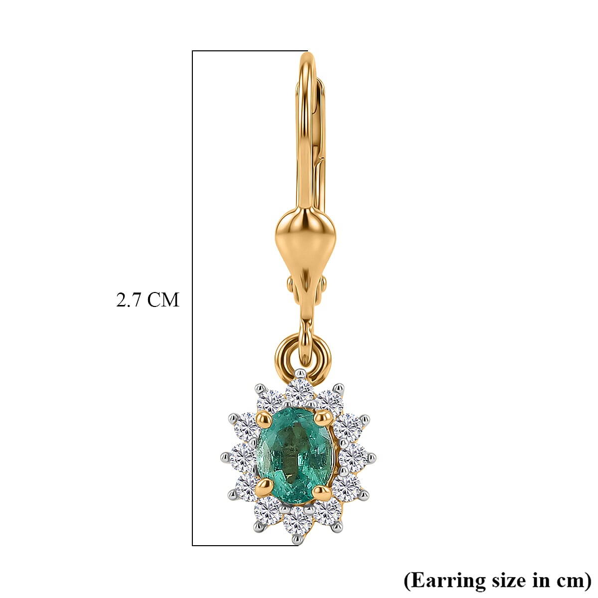 D'Joy - AAA Zambian Emerald & White Zircon Solitaire Earring with Lever Back in 18K Vermeil Yellow Gold Plated Sterling Silver 1.00 Ct.