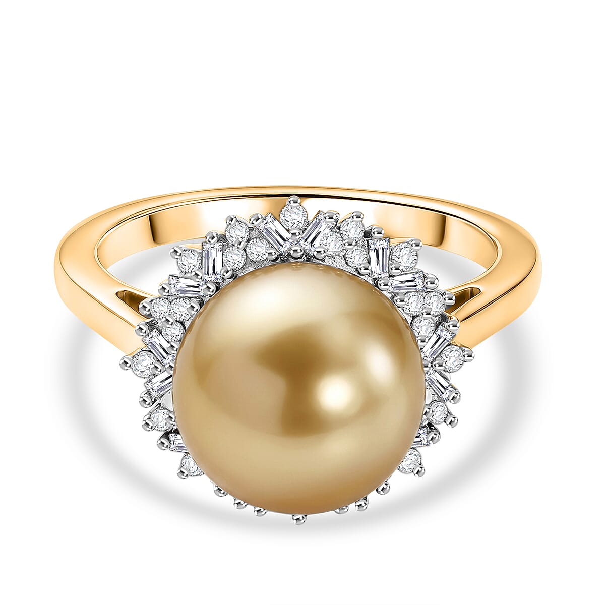 Royal Bali Collection - D'Joy Golden South Sea Pearl & Natural White Diamond Halo Ring in 18K Vermeil Yellow Gold Plated Sterling Silver 8.72 Ct.