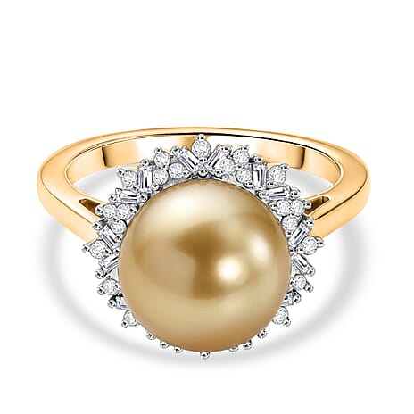 Royal Bali Collection - D'Joy Golden South Sea Pearl & Natural White Diamond Halo Ring in 18K Vermeil Yellow Gold Plated Sterling Silver 8.72 Ct.