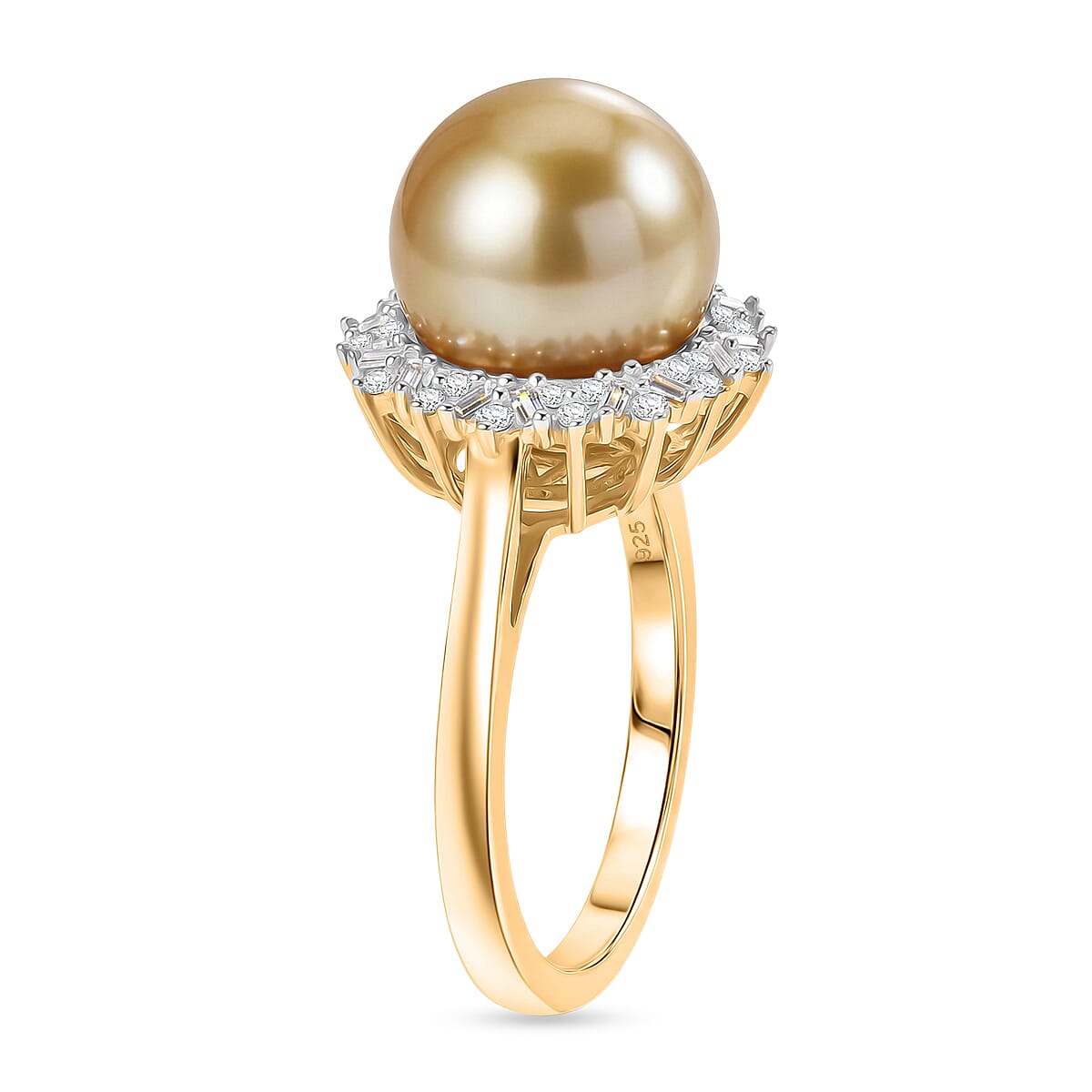 Royal Bali Collection - D'Joy Golden South Sea Pearl & Natural White Diamond Halo Ring in 18K Vermeil Yellow Gold Plated Sterling Silver 8.72 Ct.