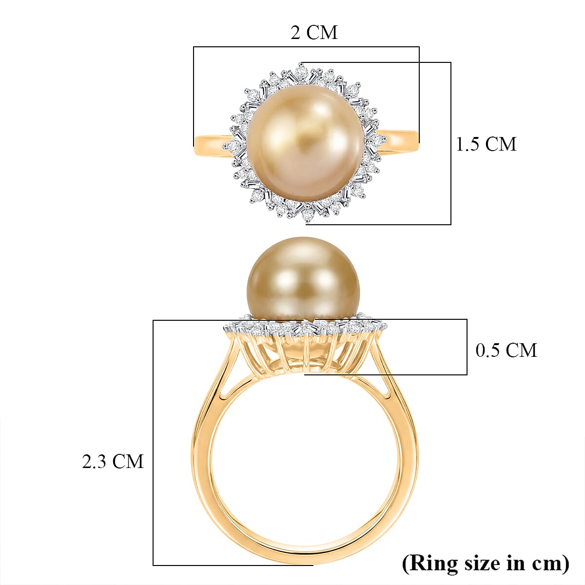 Royal Bali Collection - D'Joy Golden South Sea Pearl & Natural White Diamond Halo Ring in 18K Vermeil Yellow Gold Plated Sterling Silver 8.72 Ct.