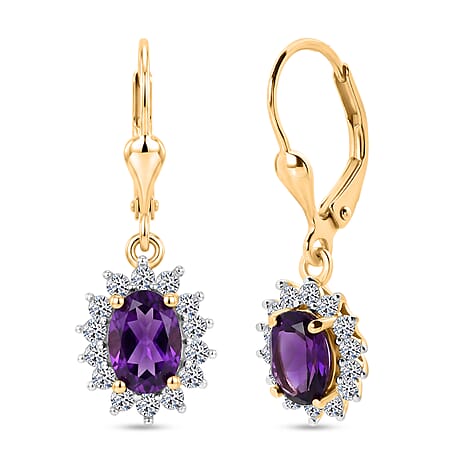Luxuriant - AAA Zambian Amethyst & Lab Grown Diamond (SI-G-H) Earring with Lever Back in 18K Vermeil Yellow Gold Plated Sterling Silver 2.00 Ct.