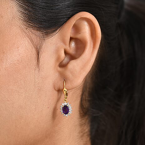 Luxuriant - AAA Zambian Amethyst & Lab Grown Diamond (SI-G-H) Earring with Lever Back in 18K Vermeil Yellow Gold Plated Sterling Silver 2.00 Ct.