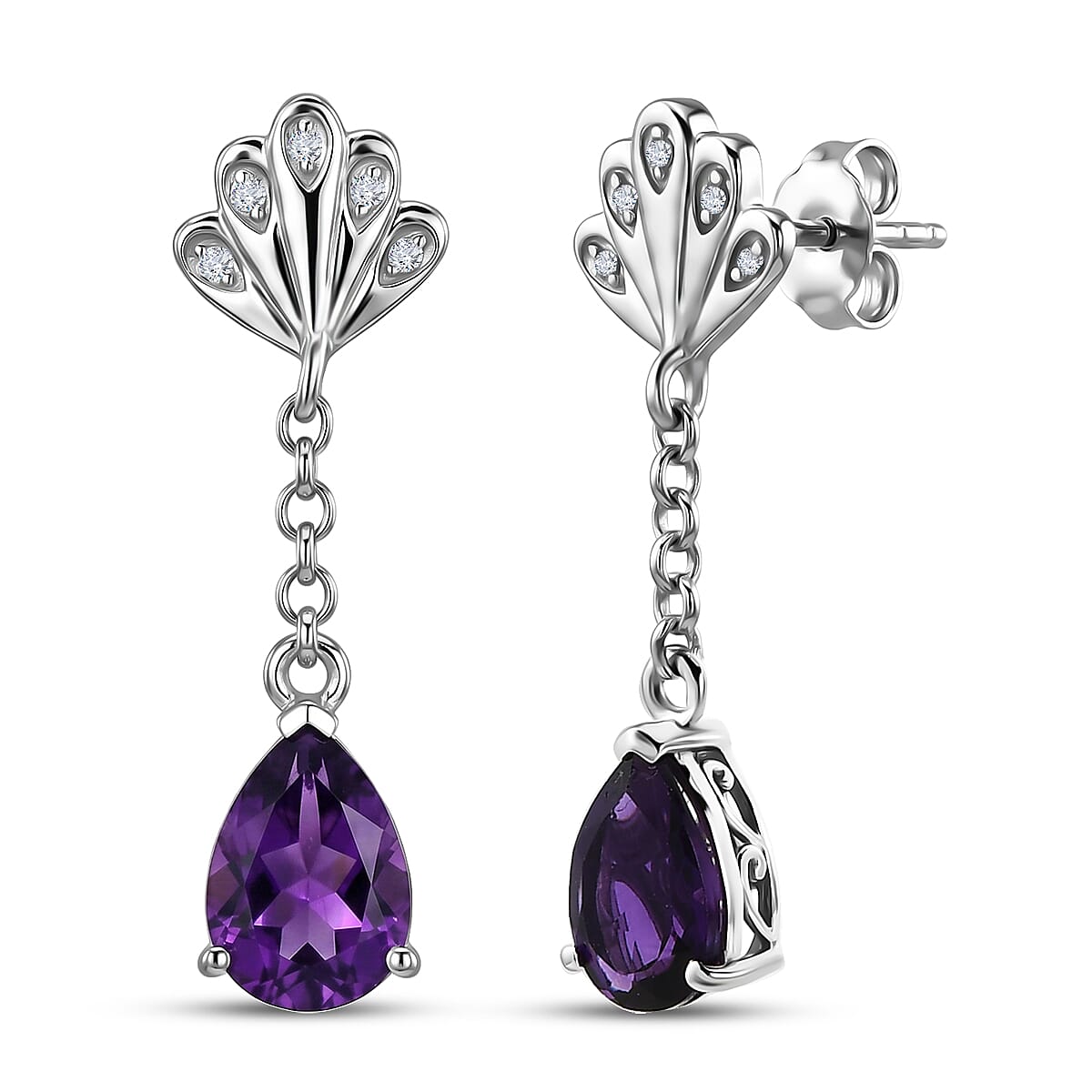 D'Joy - AAA Zambian Amethyst & White Zircon Earring with Push Post in Rhodium Overlay Sterling Silver 2.50 Ct.