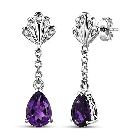 D'Joy - AAA Zambian Amethyst & White Zircon Earring with Push Post in Rhodium Overlay Sterling Silver 2.50 Ct.