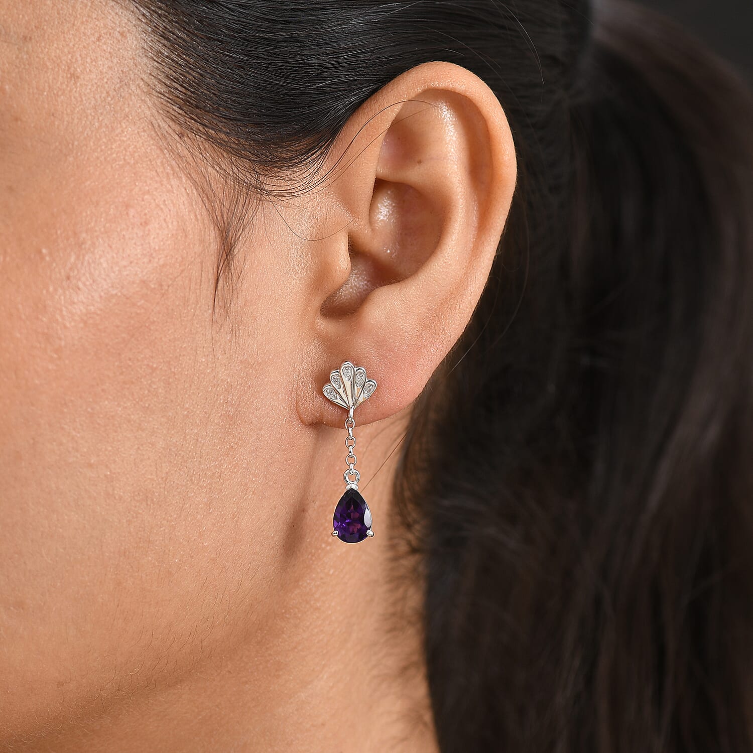 D'Joy - AAA Zambian Amethyst & White Zircon Earring with Push Post in Rhodium Overlay Sterling Silver 2.50 Ct.