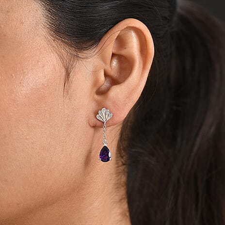 D'Joy - AAA Zambian Amethyst & White Zircon Earring with Push Post in Rhodium Overlay Sterling Silver 2.50 Ct.