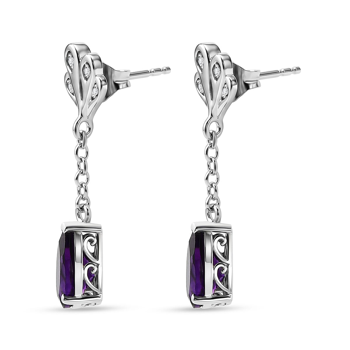D'Joy - AAA Zambian Amethyst & White Zircon Earring with Push Post in Rhodium Overlay Sterling Silver 2.50 Ct.